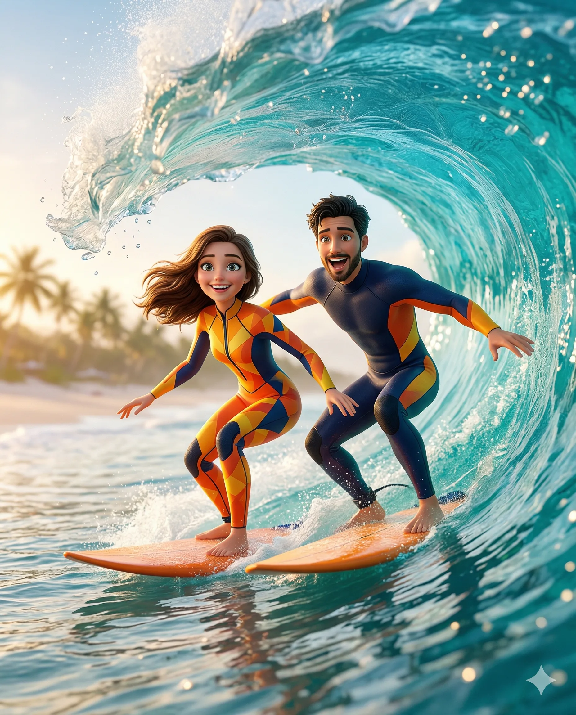 Surf dans le tube vague style Pixar